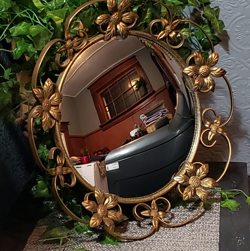 Mid Century Modern Brass Floral Convex Wall Mirror Hollywood Regency Decor 16"